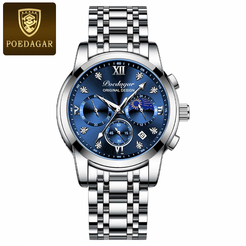Poedagar PO819 Steel Male Luminous Date Quartz Wristwatch (Blue)